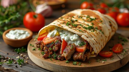 Gyro with tzatziki sauce wrapped in a soft pita, Greek street food.
