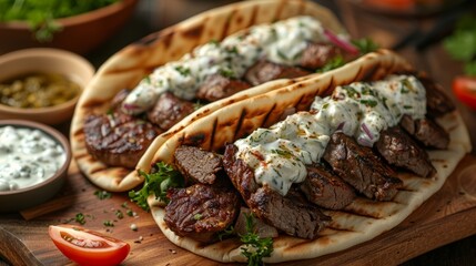 Gyro with tzatziki sauce wrapped in a soft pita, Greek street food.