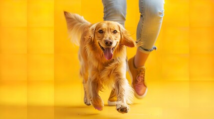 A portrait of retriever puppy dog playing with its female owner against a yellow backdrop with a big space for text or product advertisement background, Generative AI.