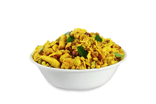 indian gujarati traditional tea time snack food chavanu mix farsan,known in india as namkeen,navratna Mix,chiwda,chevdo,bhel Puri,nimco mix,cutout in transparent background,png format