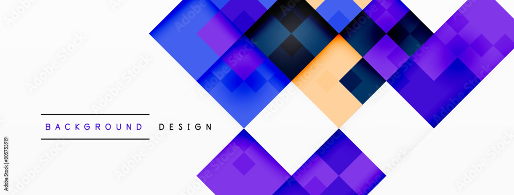 Poster a colorful geometric background featuring purple and azure rectangles and triangles on a white canva