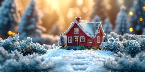 Fototapeta premium Christmas house in winter snowy forest. holiday Christmas ornament decoration, Copy space. banner and poster.