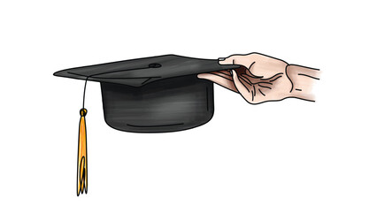 A hand holding the graduation hat with white background, graduation hat with tassel