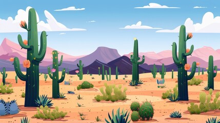 A desert scene with a large number of cacti and mountains in the background