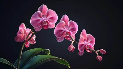 A close up of a pink orchid with a dark background