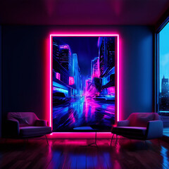 Design an artwork featuring vibrant neon lights agains
