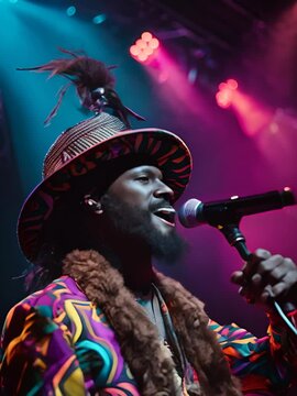 A musician wearing a colorful hat and suit is singing into a microphone on stage.