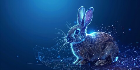 A sleek 3D graphic notion with a wireframe light line framework and a rabbit in a low poly method layout over a blue geometric setting dark set and space, Generative AI.