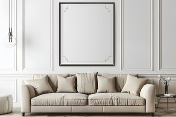 Beige sofa near white wall with poster frame. Art deco interior design of modern living room, home. Soft tone.