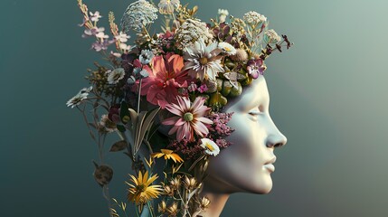 A macro 3D rendering of a human head, sectioned to reveal a brain thriving with floral growth, each flower symbolizing a state of well-being and joy