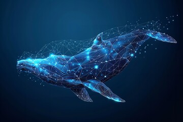 A sleek 3D graphic notion with a wireframe light line framework and a whale in a low poly method layout over a blue geometric setting dark set and space, Generative AI.