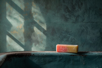 An image of a bar of soap resting on the edge of a rusted bathtub - Generative AI