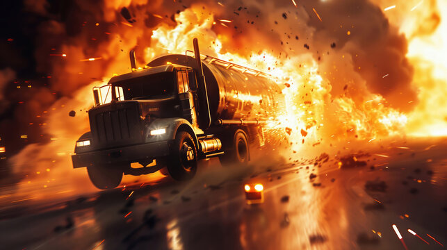 Fire and explosion disaster of oil tanker truck during auto accident on freeway