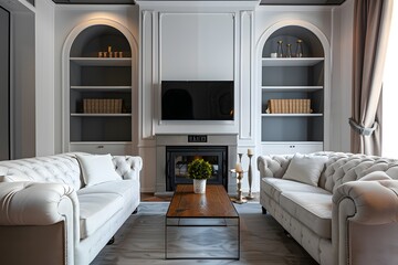 Two sofas near fireplace and arched shelves. Art deco interior design of modern living room, home. Soft tone.