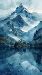 A scenic mountain vista with a crystal-clear lake reflecting the bright blue sky