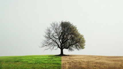 Seasonal Transition: A Half-Green, Half-Bare Tree