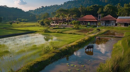 Fototapeta premium Picturesque village with traditional architecture and buffalo grazing by reflective water-filled rice paddies, set against a forest backdrop.
