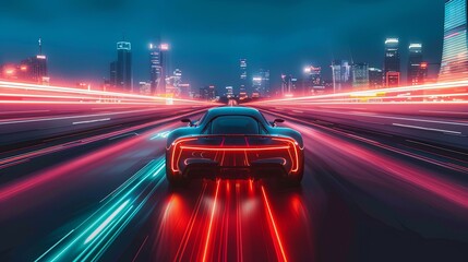 High-speed futuristic car racing through a vibrant, neon-lit cityscape at night.
