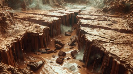 Earthquake causing a crack that divides a chocolate and vanilla landscape