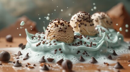 Avalanche of mint ice cream sliding down chocolate chip mountains