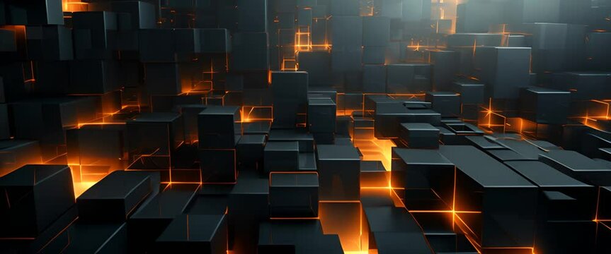 Abstract 3D square shapes merging into a futuristic control panel, dark tones,
