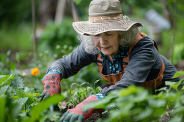 Gardening in the Sun - Practical Outdoor Wear: A senior adult gardening in their backyard, dressed in practical outdoor wear with a sun hat and gardening gloves, tending to their plants with care.