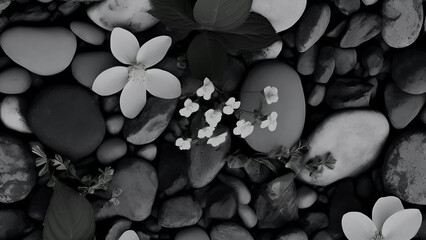 Dark Stones and Flowers. Dark featuring captivating stones and delicate flowers in shades of background. dark color stones and white flower background image for any kind of graphic