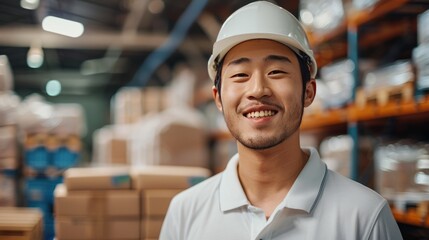 Young professional Asian man wearing a black polo shirt and white hard hat. He seems to be happily...