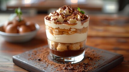 Elegant layered tiramisu in a clear glass
