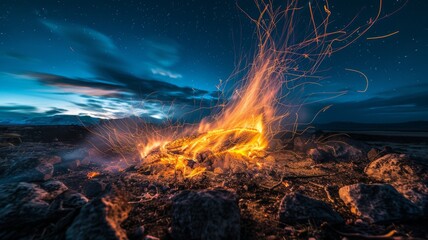 Dancing flames from the campfire create mesmerizing patterns against the dark night sky, captured in a long exposure shot