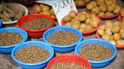 Seed potatoes in baskets at traditional market