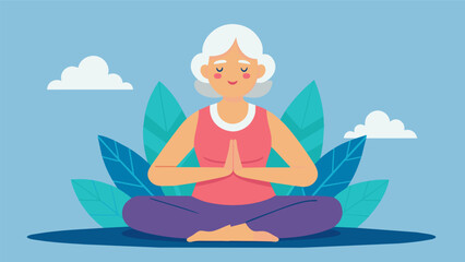 An older woman with wrinkles and gray hair finding peace and strength in a restorative body positivity yoga class..