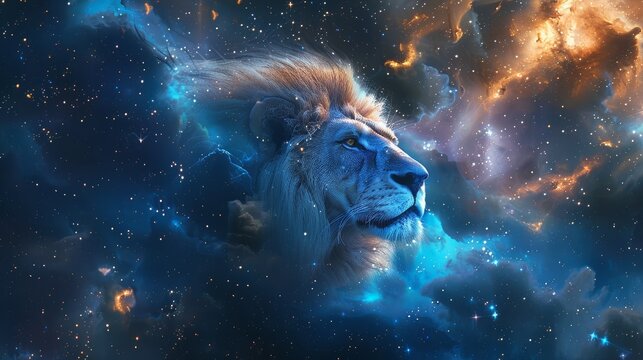 Lion head among stars, zodiac sign concept.