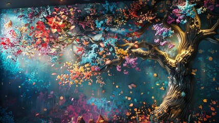 Delight in the elegance of an enchanting tree adorned with vibrant leaves cascading from its branches, creating a mesmerizing illustration background