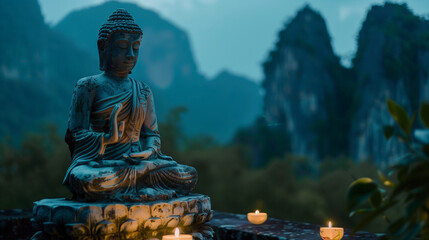 Buddha statue meditating, natural background with green trees and towering mountains, Ai generated Images