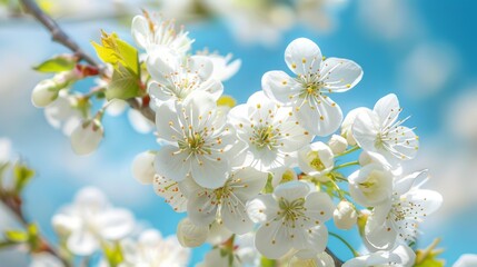 Obraz premium Detailed view of white flowers blooming on a tree branch, with a blurred background
