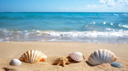 Three seashells rest on a sandy beach with the ocean in the background