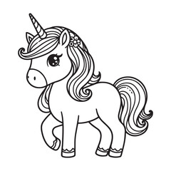 Line art of unicorn cartoon decorated her hair with flower vector