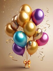 Bunch of gold and colorful festive holiday balloons and gift box background. Realistic 3d art. Holiday Birthday card template banner background design