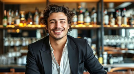 Fototapeta premium A stylish young businessman sitting at a bar, smiling for the camera