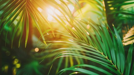 Sunlight filtering through vibrant green palm tree leaves on a summer day, creating a tropical atmosphere