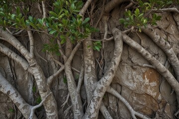 A close-up of a mangrove tree, with intricate patterns and textures on its bark and leaves, showcasing the beauty of nature's details.