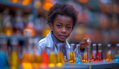 A smart young boy wearing a white coat testing on a chemical solution inside a laboratory