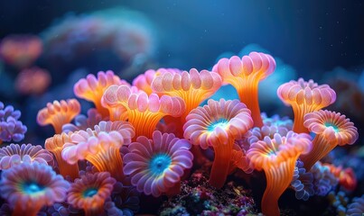 Obraz premium A beautiful and vibrant underwater image of a coral reef. The corals are of various shapes and sizes, and they are all brightly colored. The water is crystal clear.