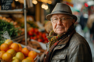 City Market Stroll - Local Flavors: A senior adult strolling through a city market, dressed in casual and comfortable clothing, exploring local flavors and delights.