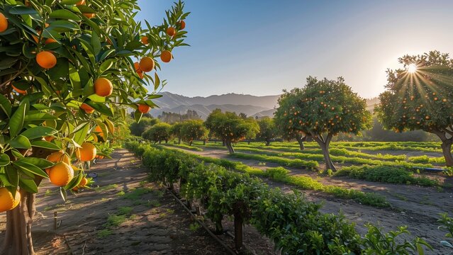 A vibrant orange grove basks in the warm glow of late afternoon, as ripe oranges dangle from lush trees under clear blue skies