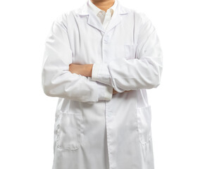 Doctor wear white lab coat arm crossed isolate on white