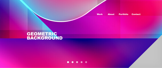 The geometric background features a gradient of purple and azure hues, creating a mesmerizing effect. The circles in shades of violet, magenta, and electric blue add a dynamic element to the design