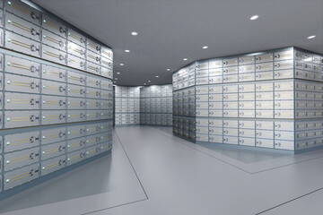 Safe deposit boxes inside bank vault interior