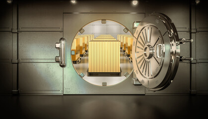 Bank vault door opened with bullion inside